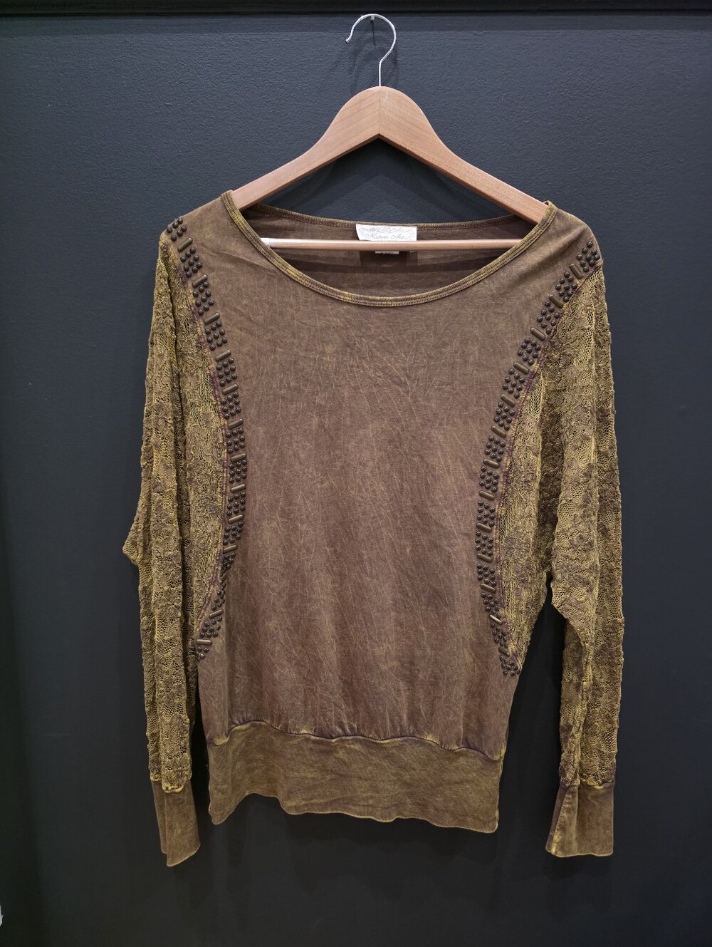 Vtg Nature Art by Lynn Yang Mineral Wash Lace Studded Sleeve Top Large Earthy